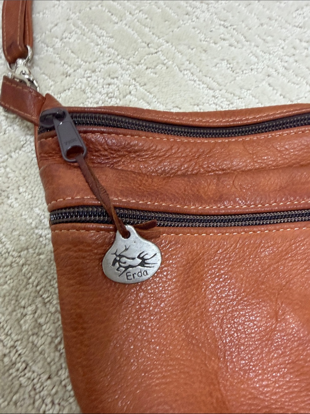 Erda Brown Leather Crossbody Bag with Zip Pockets - Picture 2 of 5